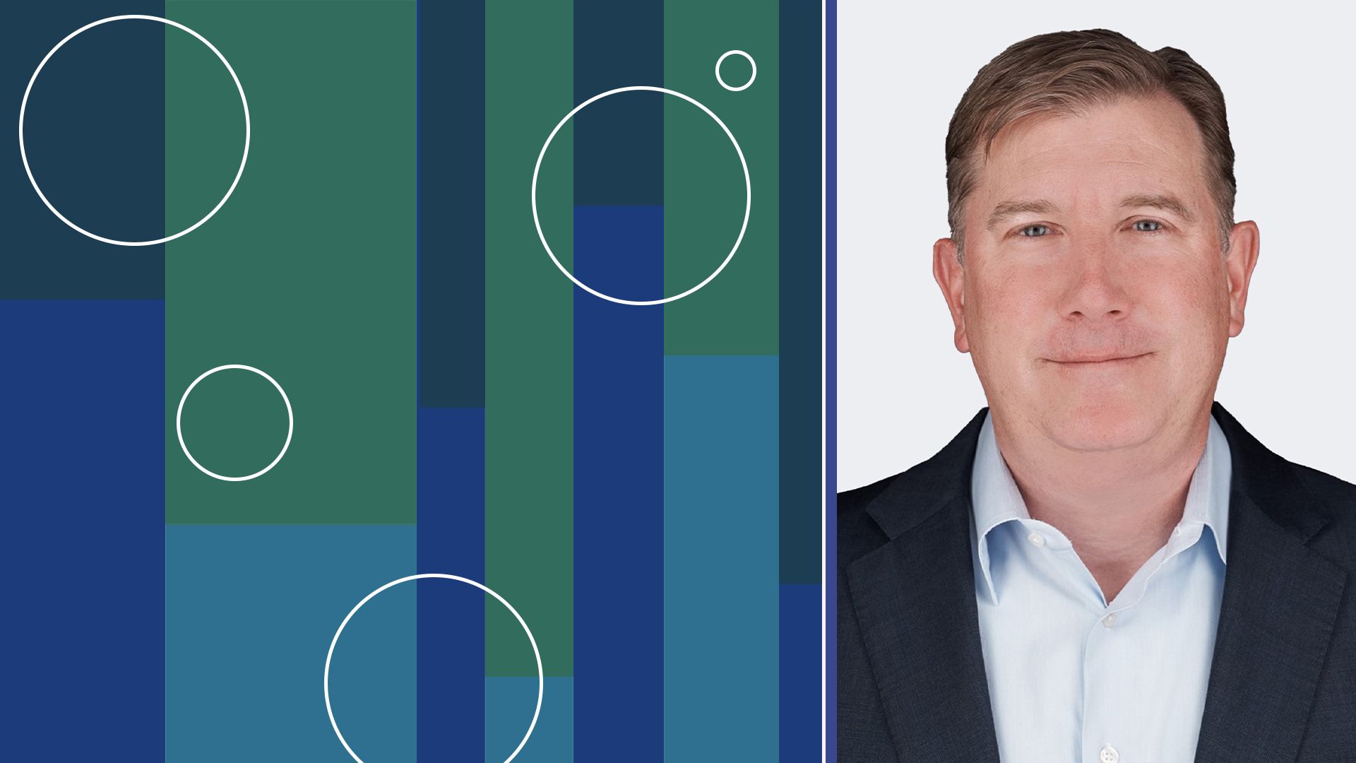 Photo illustration of Devon Park's Jonathan Costello surrounded by abstract price bars and circles. 