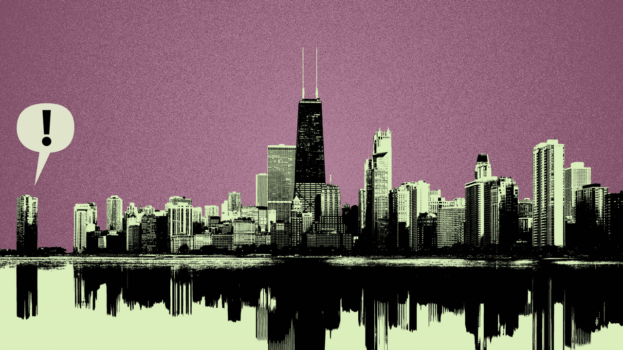 An illustration of exclamation points over Chicago buildings. 