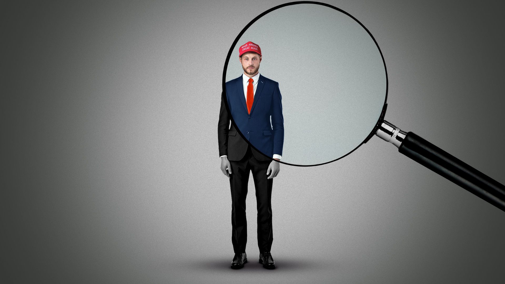 Illustration of a candidate in a black suit, a magnifying glass is held partially over the candidate revealing a blue suit, red tie, and MAGA hat. 