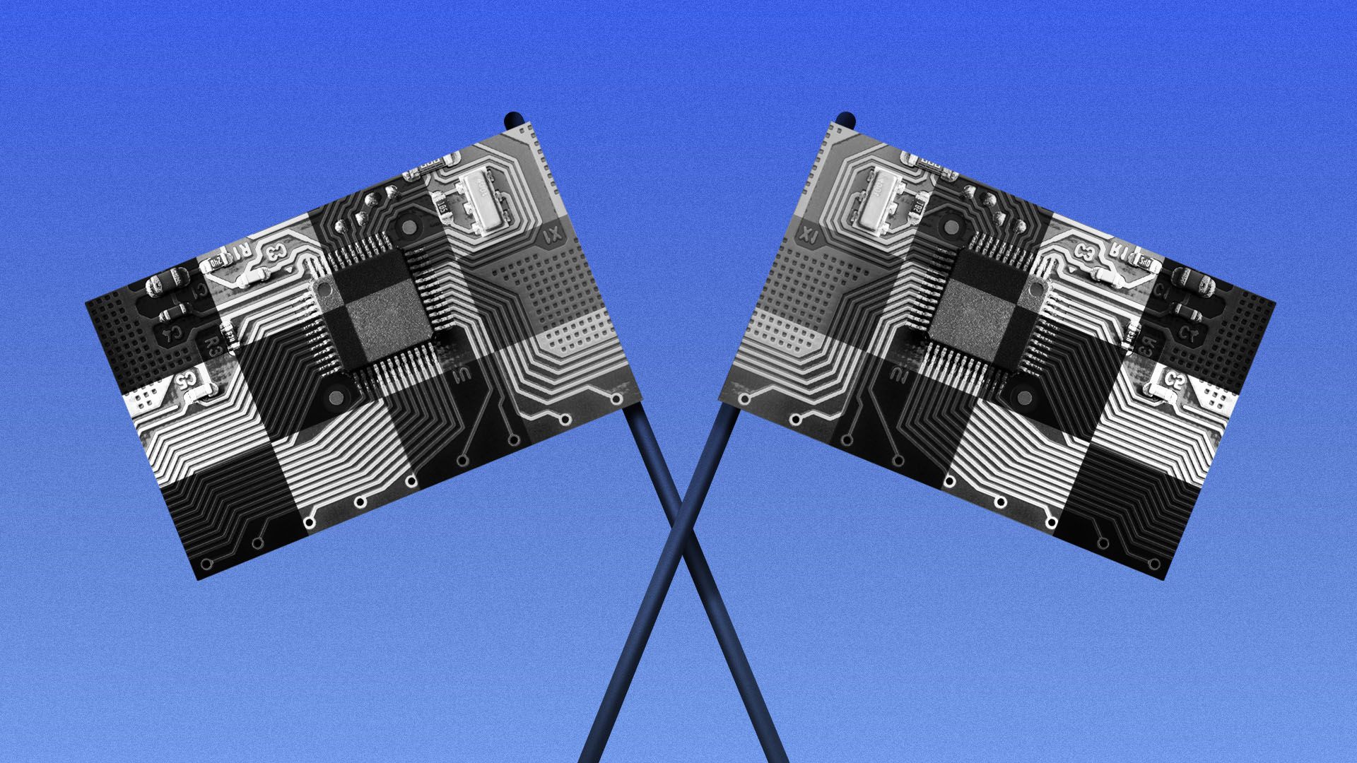 Illustration of two checkered race flags made out of circuit boards