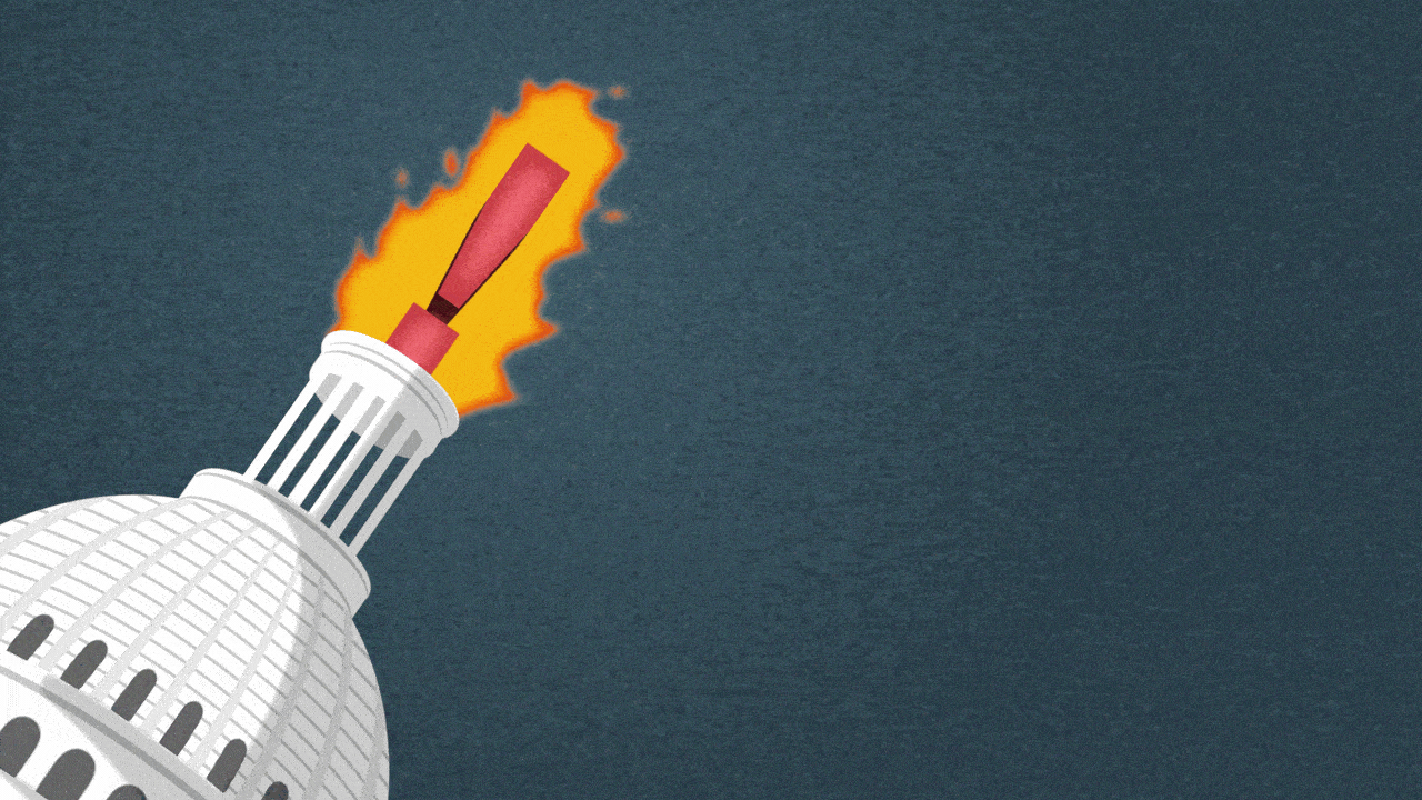 Animated illustration of a spinning U.S. Capitol Dome, with a flaming exclamation point instead of the Statue of Freedom. 