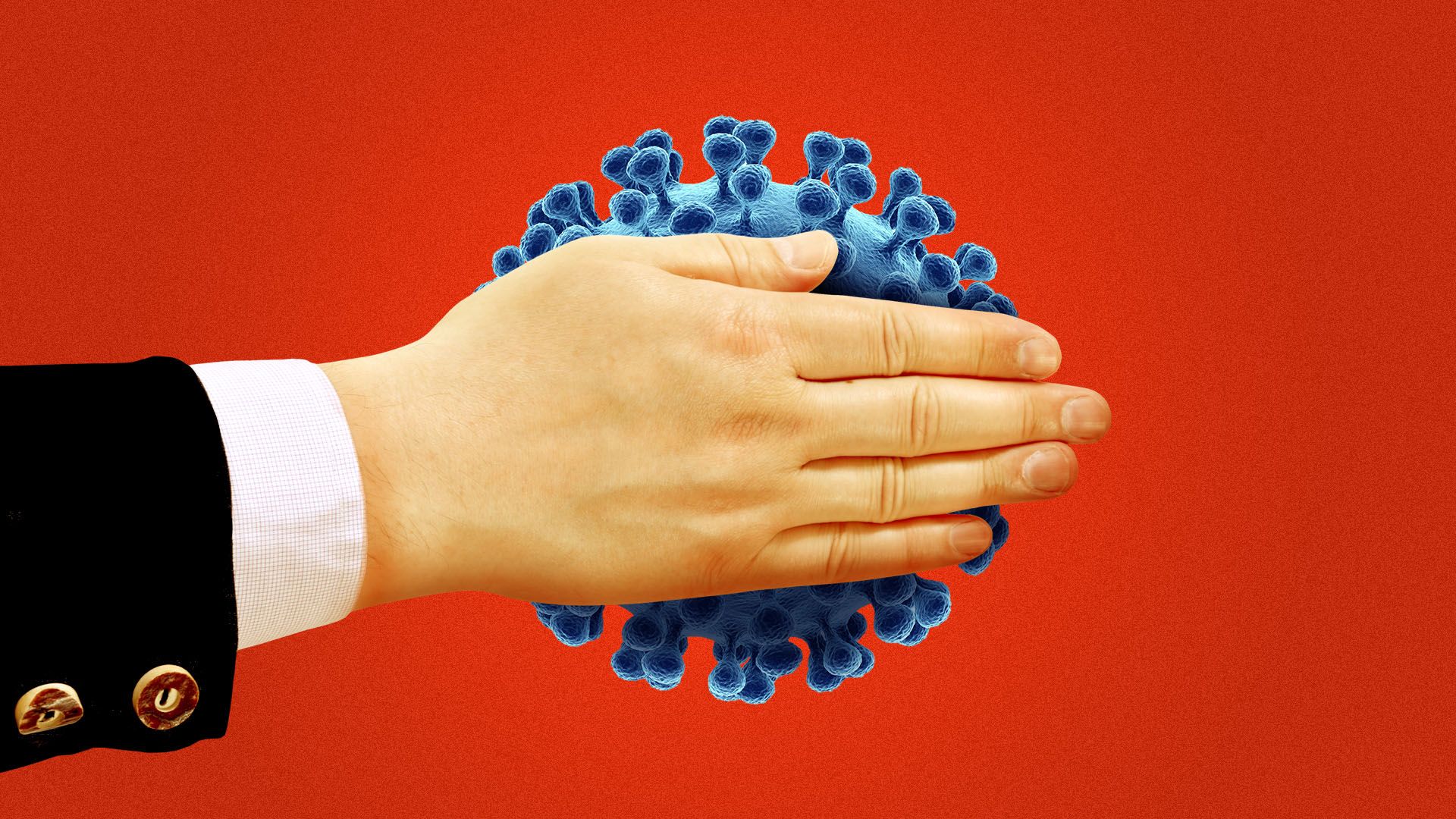 Illustration of a hand in a suit hiding a virus