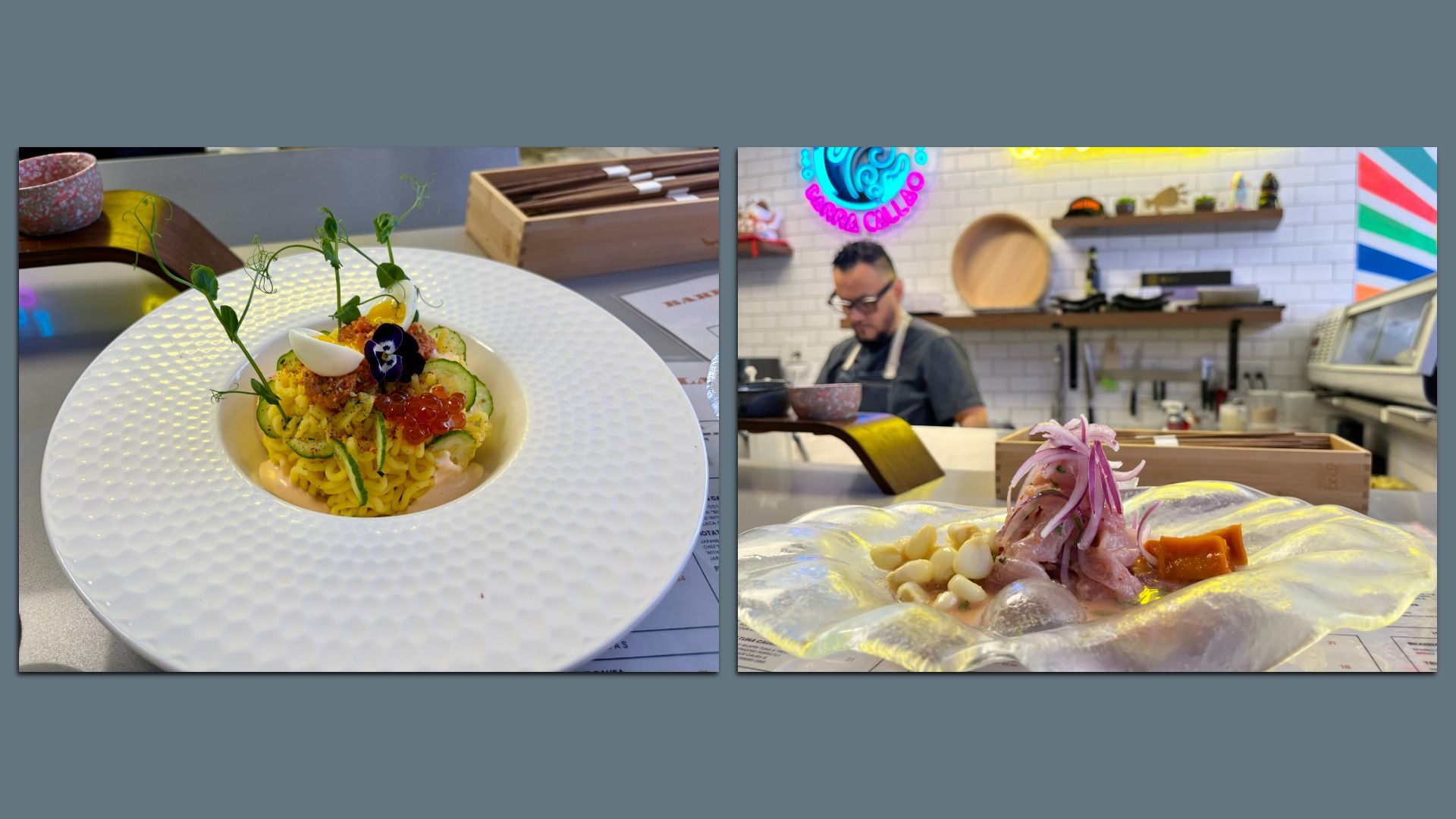 Two-panel food photo: left features a white textured plate with garnished pasta, cucumber ribbons, salmon roe, and sprouts. Right shows a chef in a bright kitchen with a neon sign and a foreground dish.