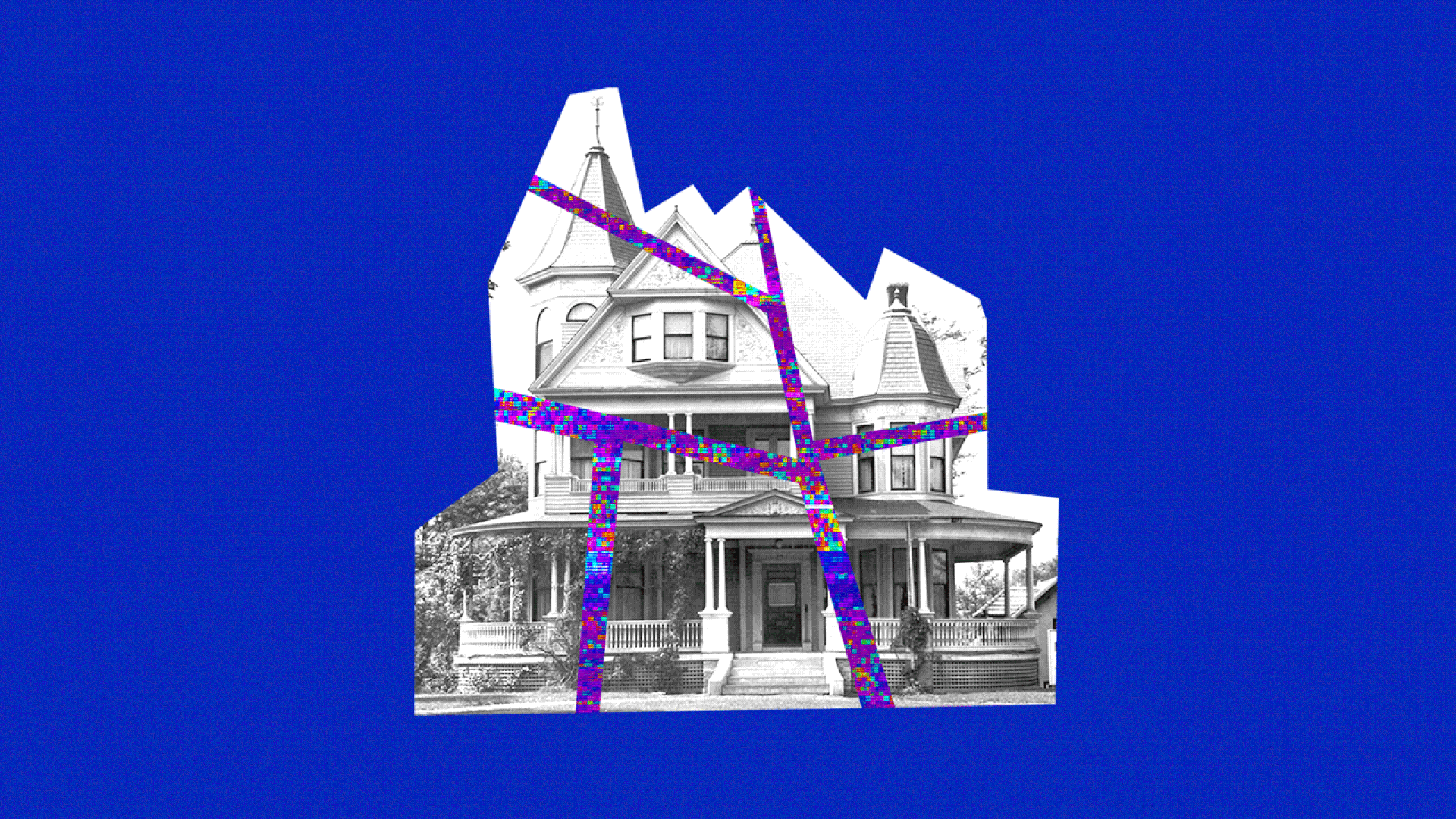 A black and white photo of a house broken up by pixelated static.