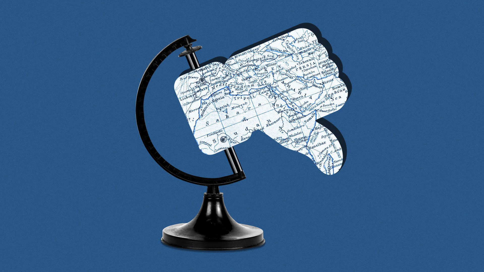 Illustration of globe with a Facebook thumbs down icon