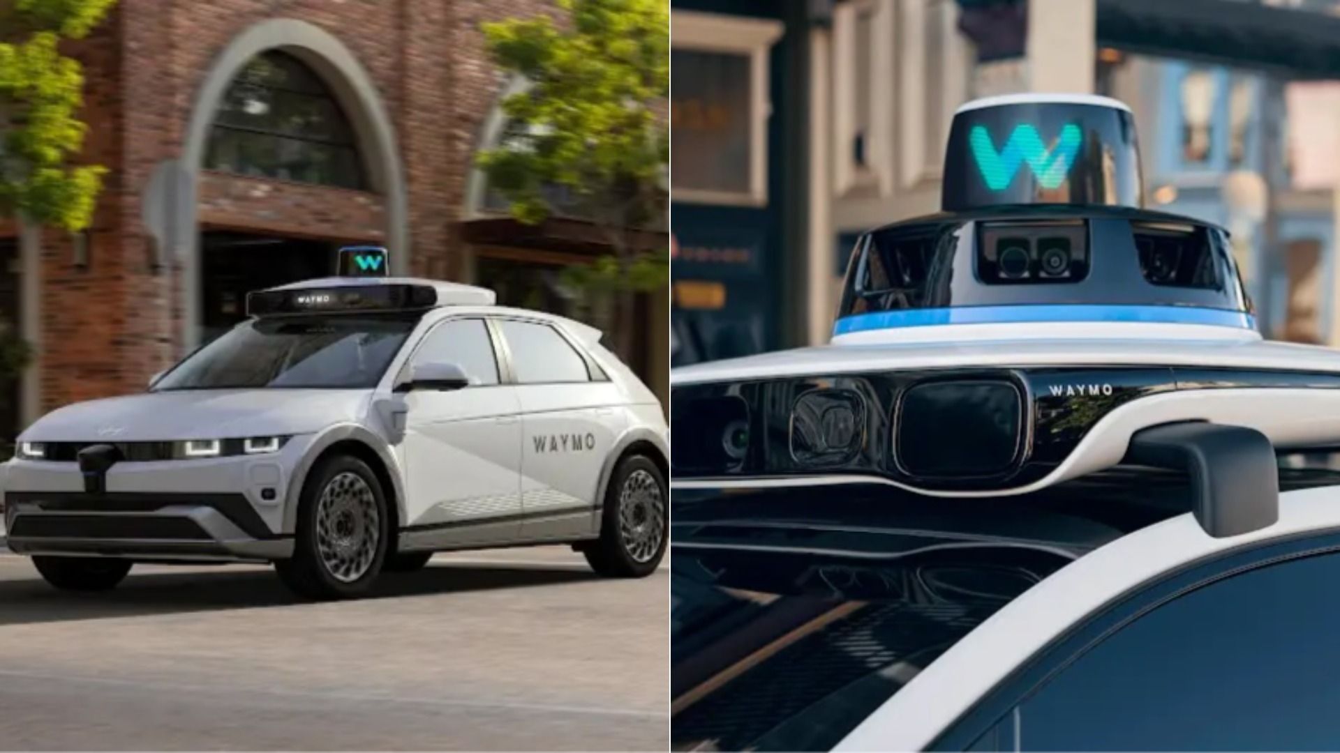 Side and close-up views of a white Waymo self-driving vehicle with sensor and camera equipment mounted on the roof, driving in an urban setting with brick buildings.