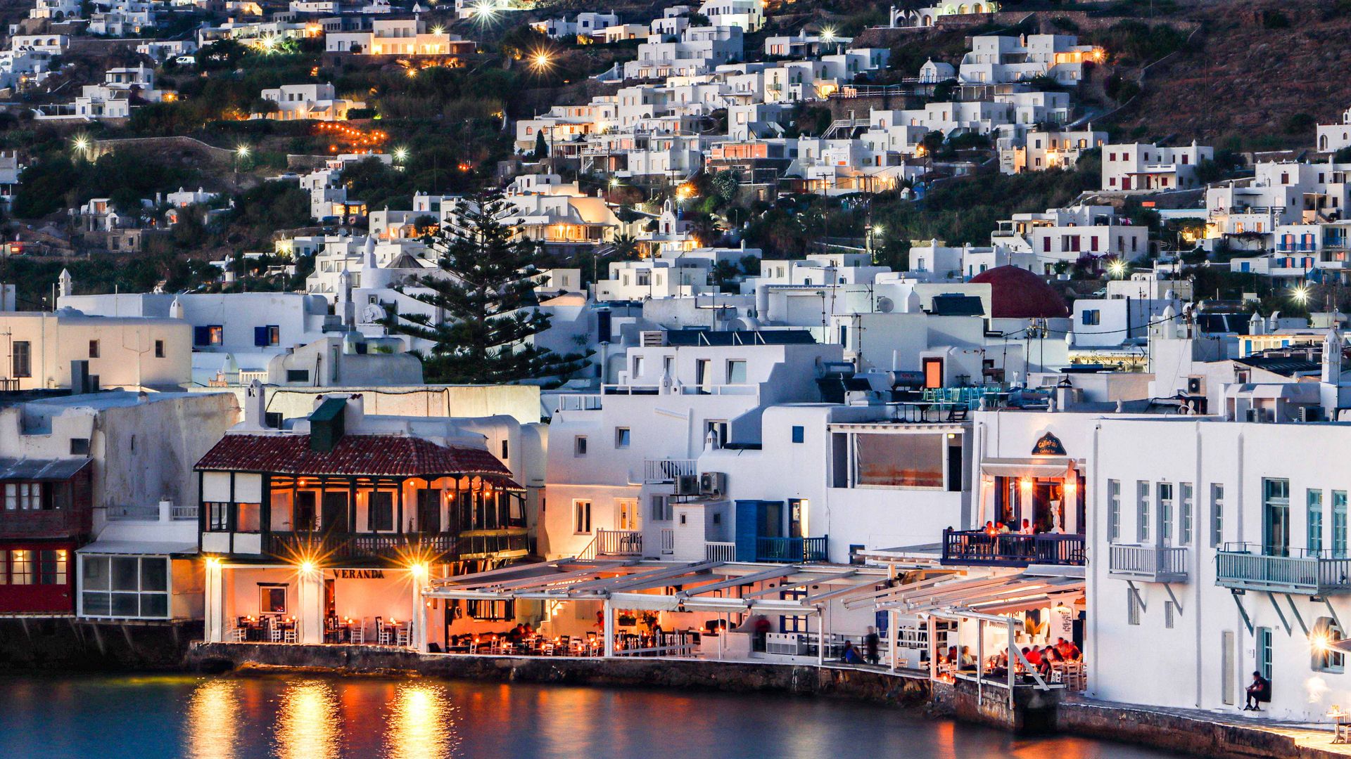 Magic hour during sunset and dusk at Little Venice in Mykonos island, one of the most romantic places in the Mediterranean island on July 14