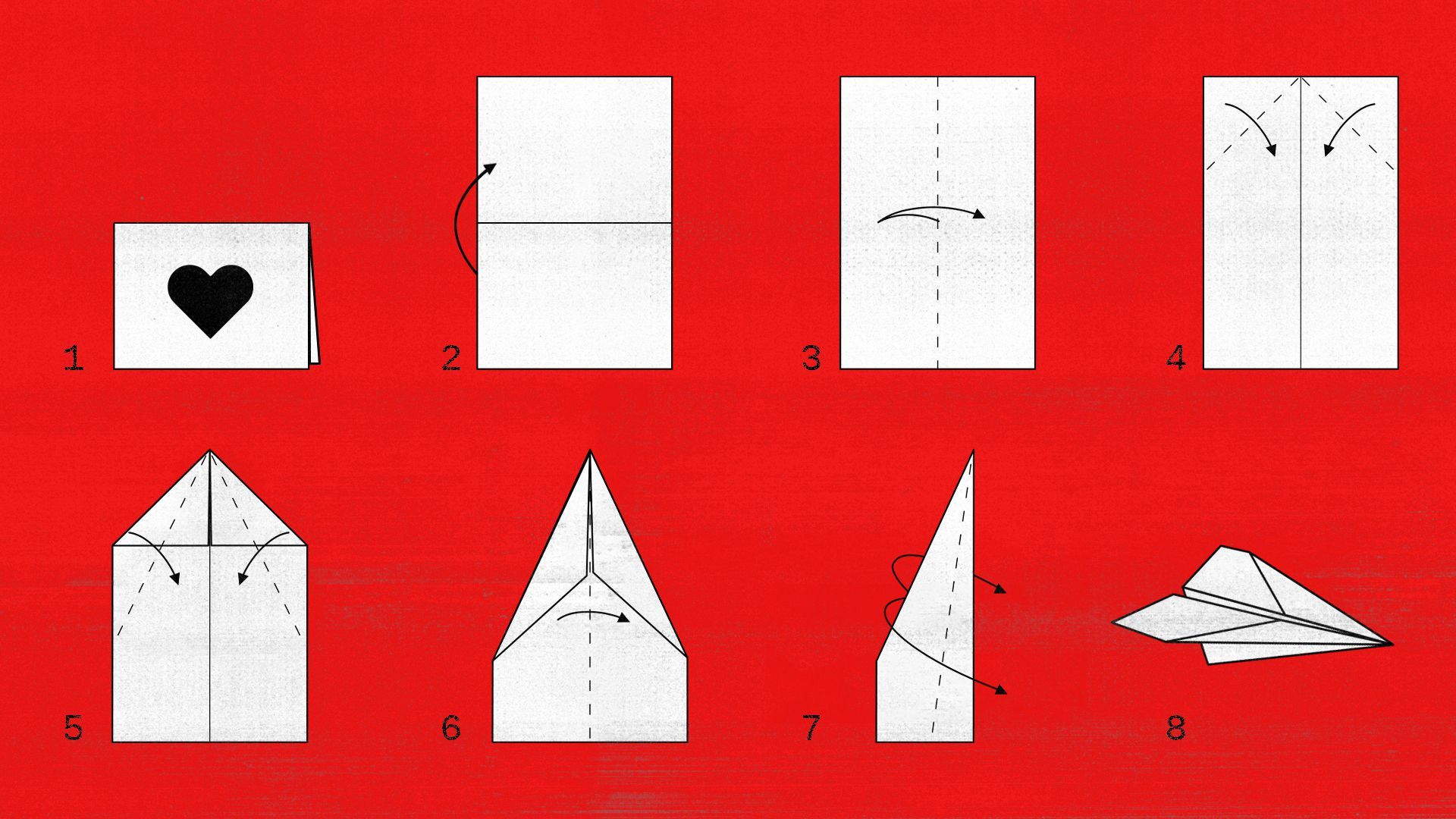 Illustration of a directions showing how to fold a greeting card into a paper airplane