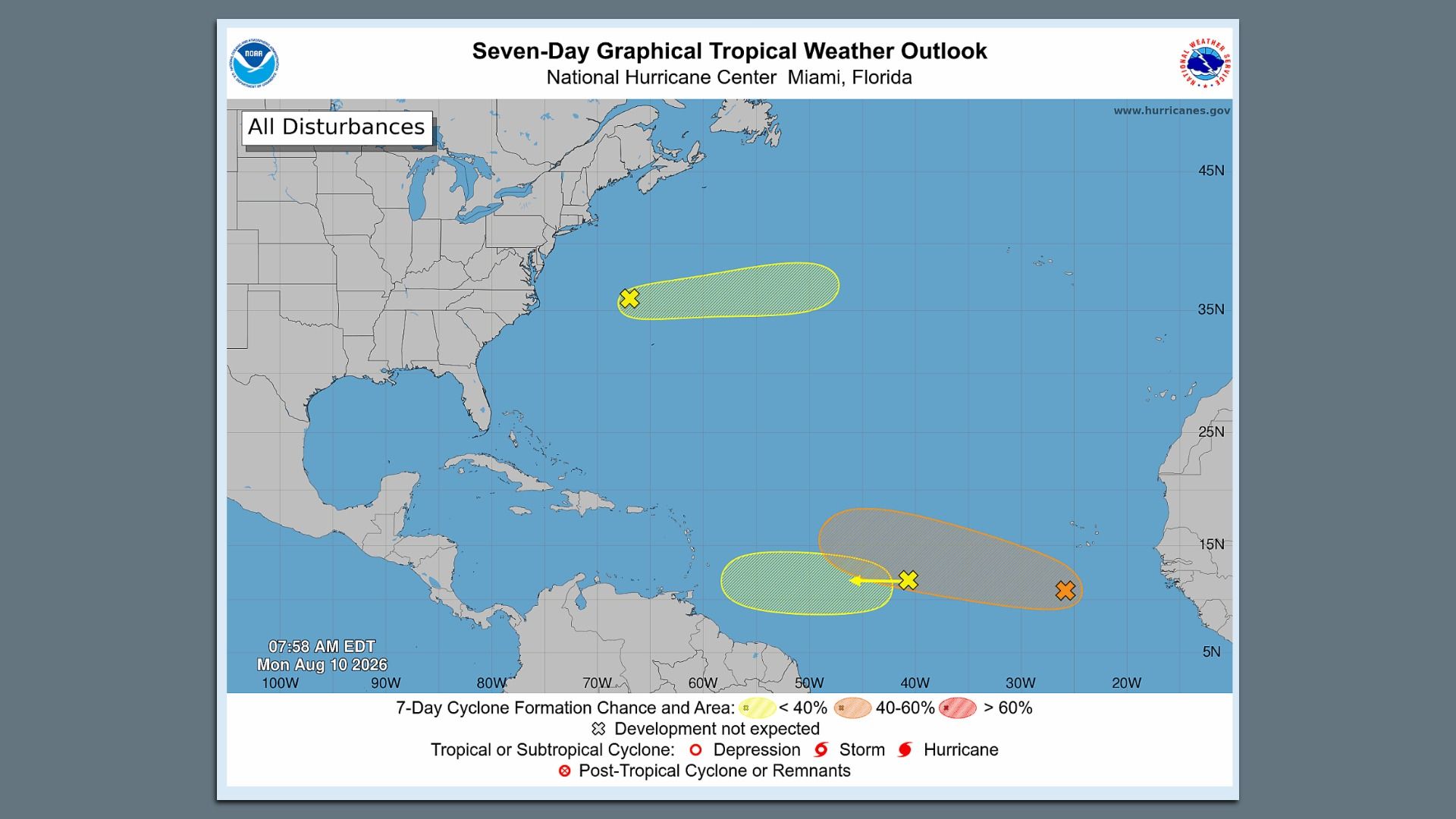 NOAA Seven-Day Graphical Tropical Weather Outlook map showing the Atlantic with the U.S. East Coast, a yellow-green elongated offshore disturbance marked by crosses, and a bottom legend.
