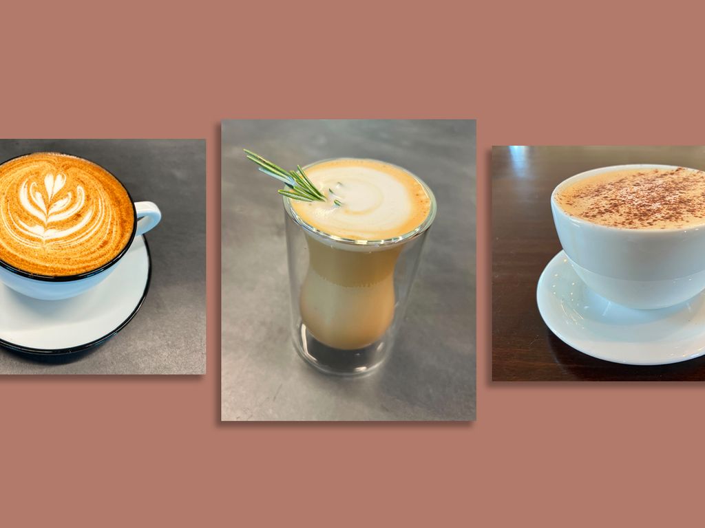 Denim flat white, cortado, coffee cups