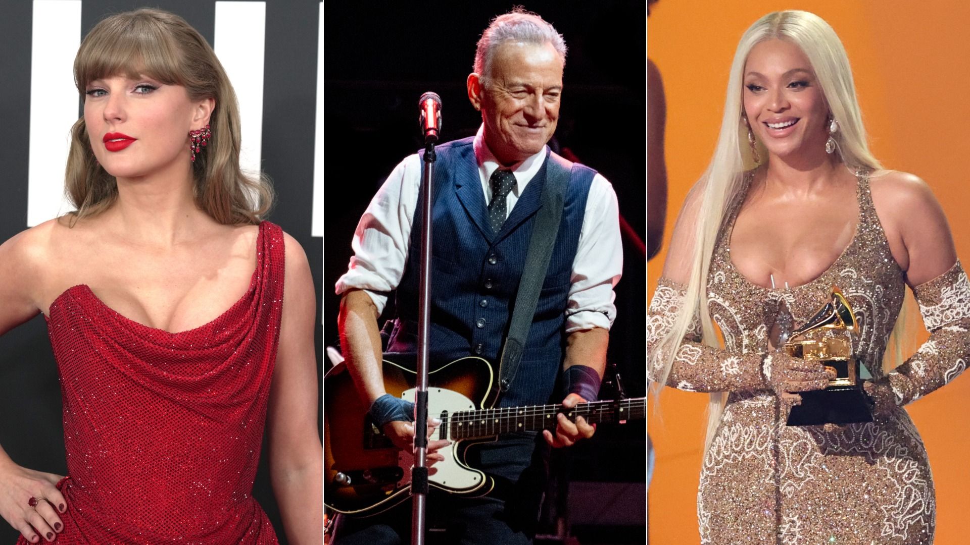 A collage of photos of Taylor Swift, Bruce Springsteen and Beyonce 