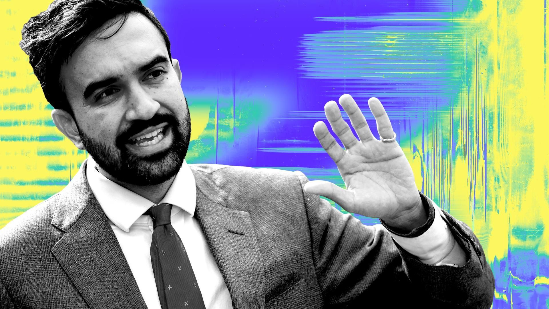 Photo illustration of Zohran Mamdani surrounded by abstract shapes and glitchy textures. 