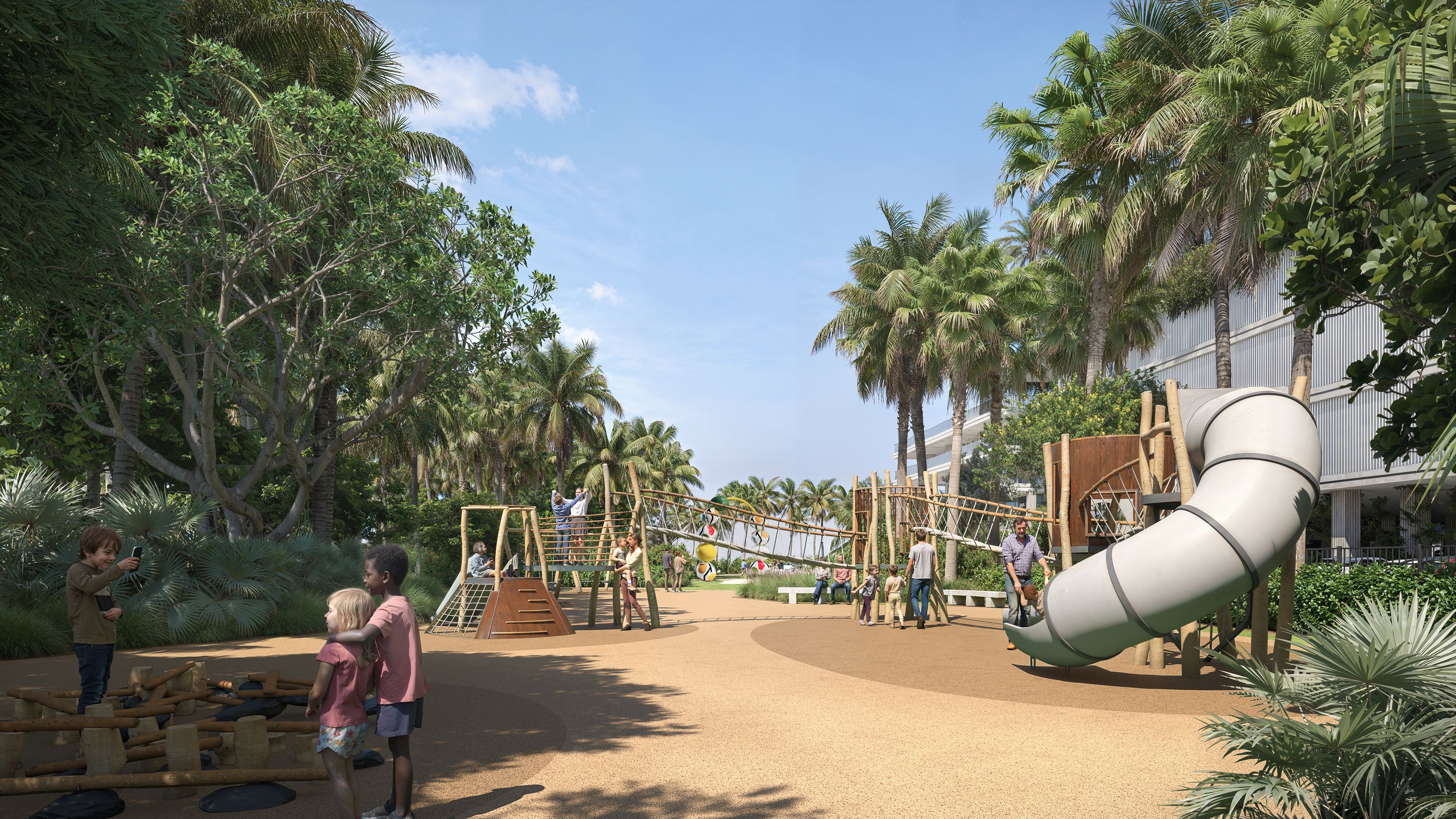 Rendering of Sunny tropical playground with palm trees, lush greenery, a large white spiral slide, wooden climbing frames, and kids playing as adults supervise near a modern building.