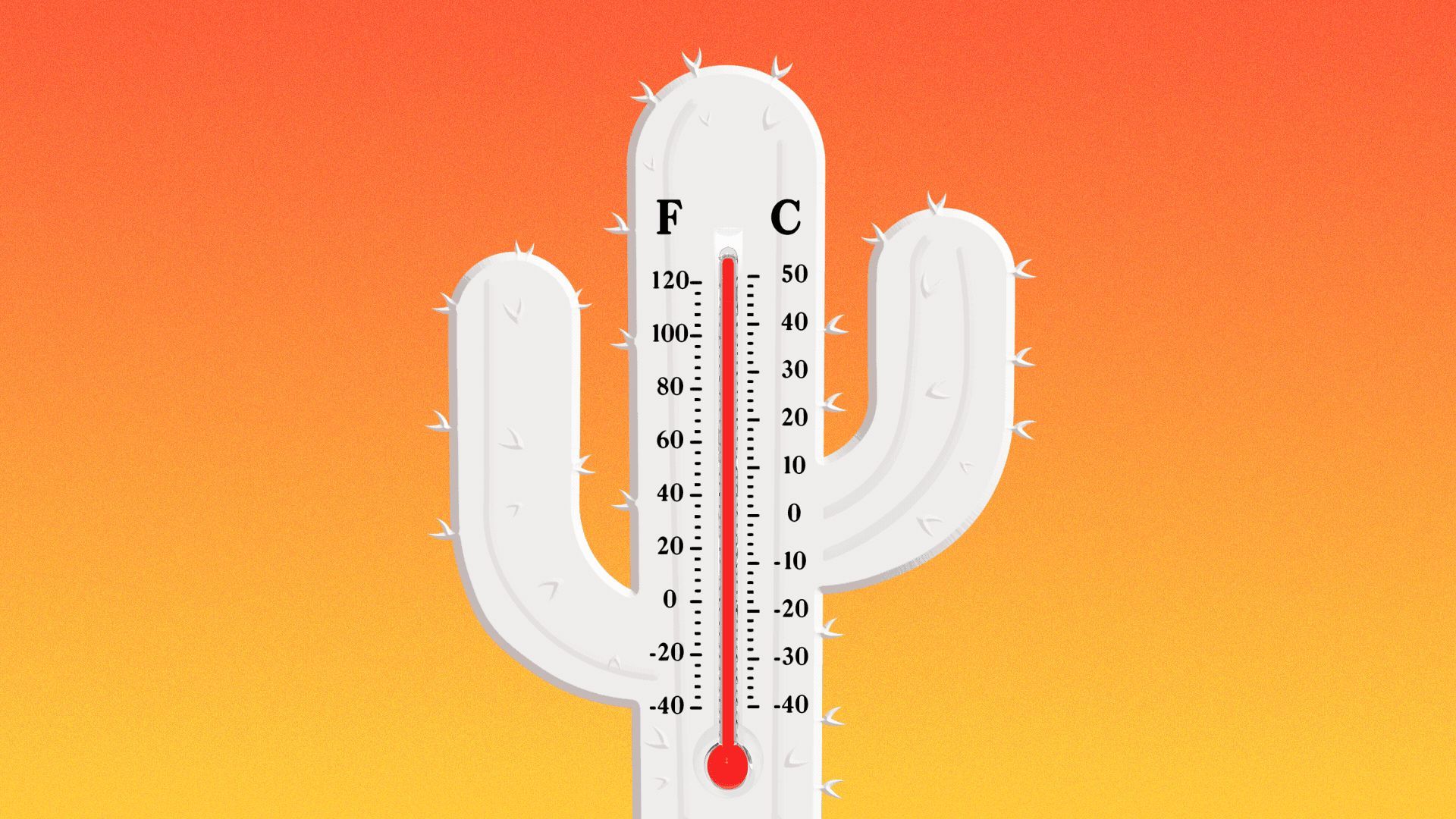 Illustration of a thermometer in the shape of cactus reading 120+ degrees. 