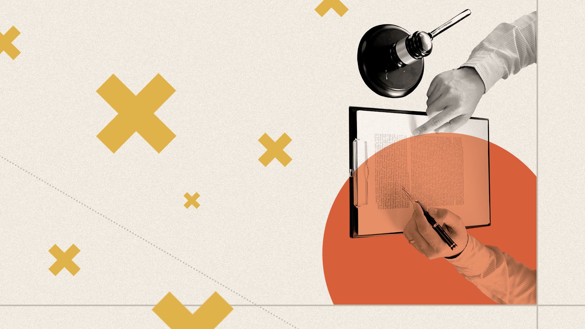 Illustration of a judge reading over a legal document surrounded by x's