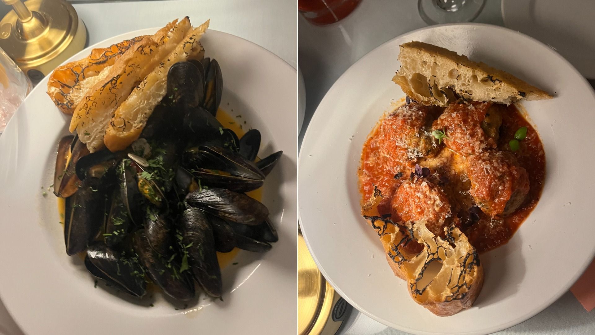 Two white plates: one with steamed black mussels garnished with herbs and crispy bread slices, the other with meatballs in tomato sauce topped with cheese and herbs, served with toasted bread.