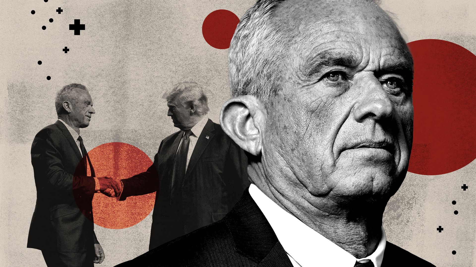Photo illustration of RFK Jr. and Donald Trump with abstract shapes.