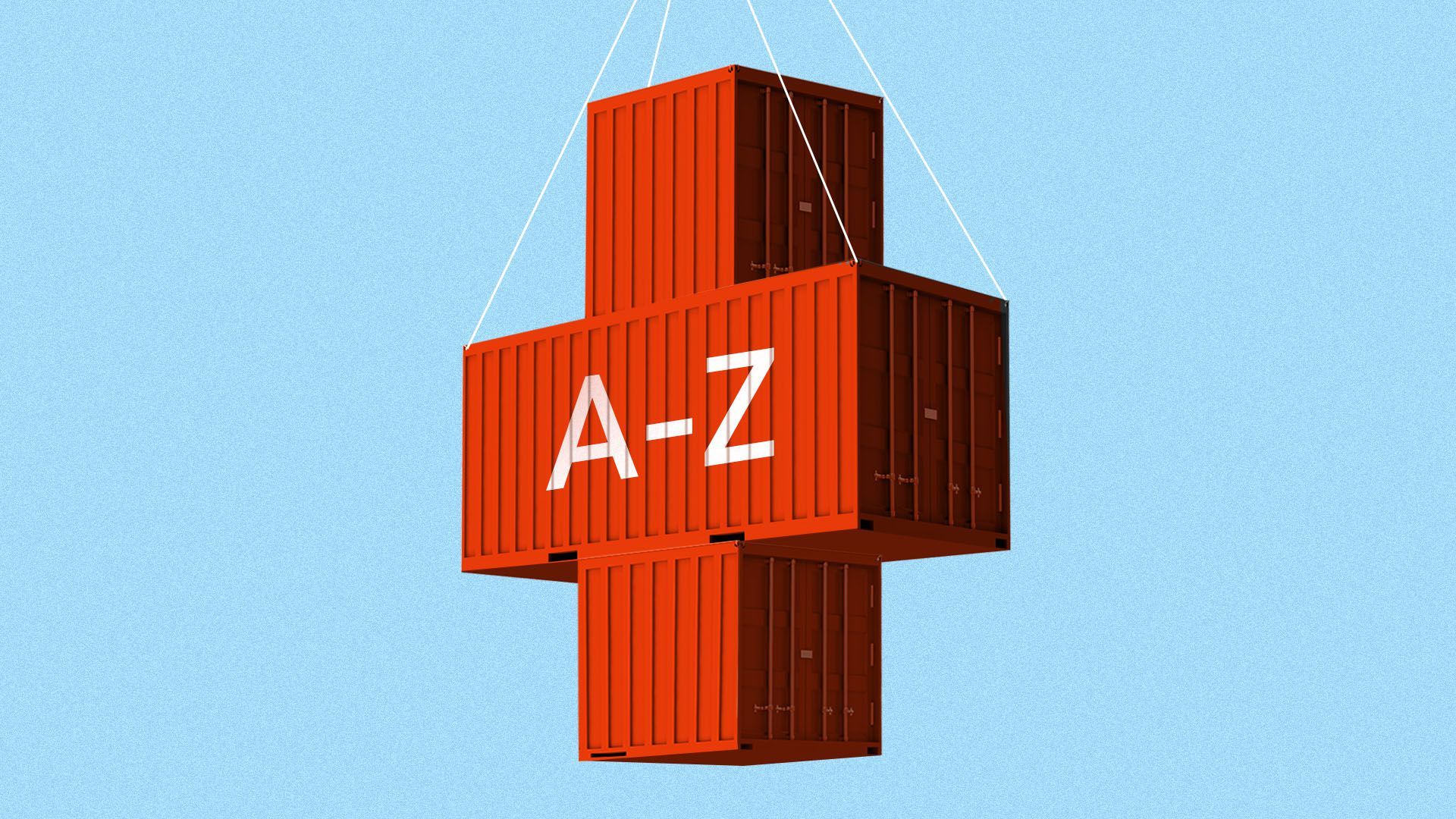 Illustration of a shipping container in the shape of a red cross with "AZ" written on it