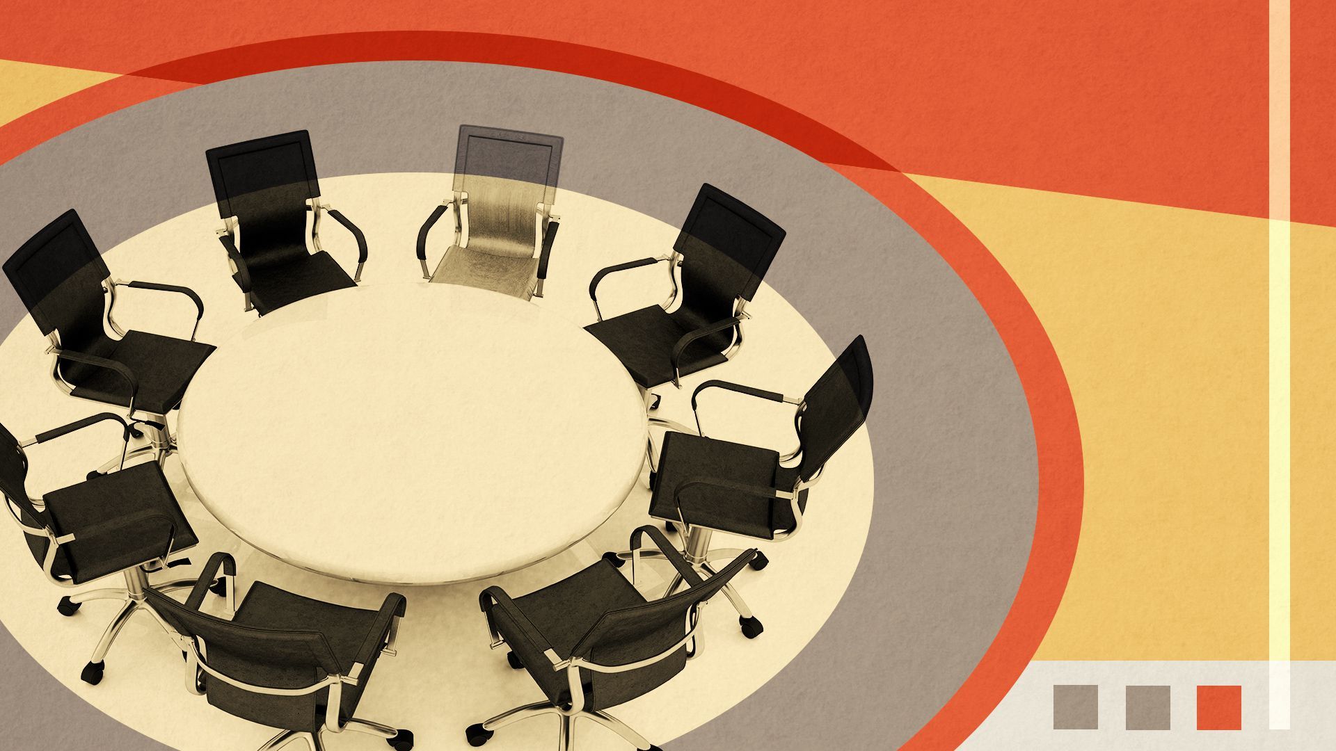 Illustration of a board room table with 8 chairs, one of them a different color, surrounded by abstract shapes.