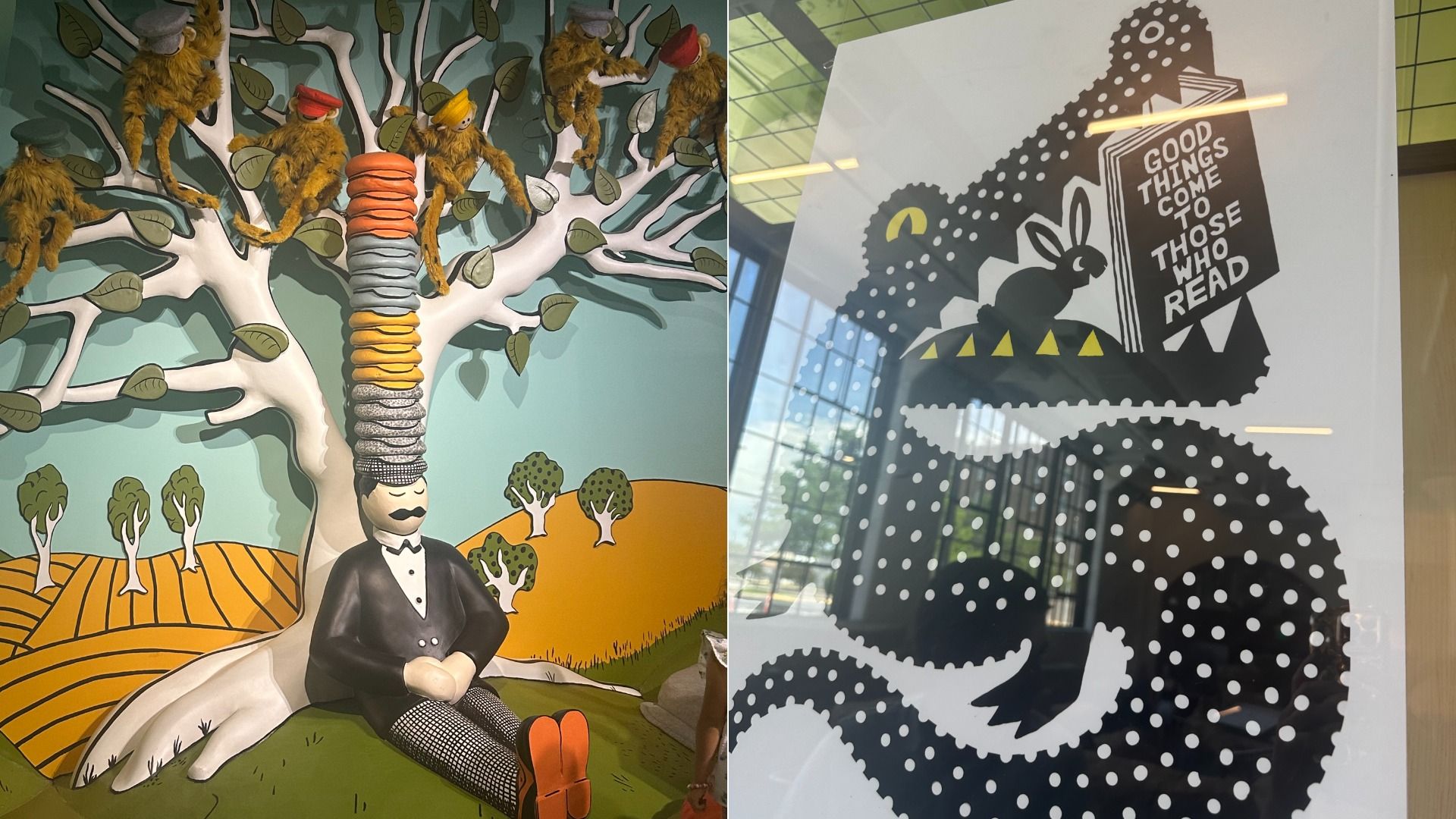 Left: A mural of a man in a suit with multiple hats stacked on his head and five furry orange monkeys with hats in a tree. Right: A black spotted snake with a bunny holding a sign saying \