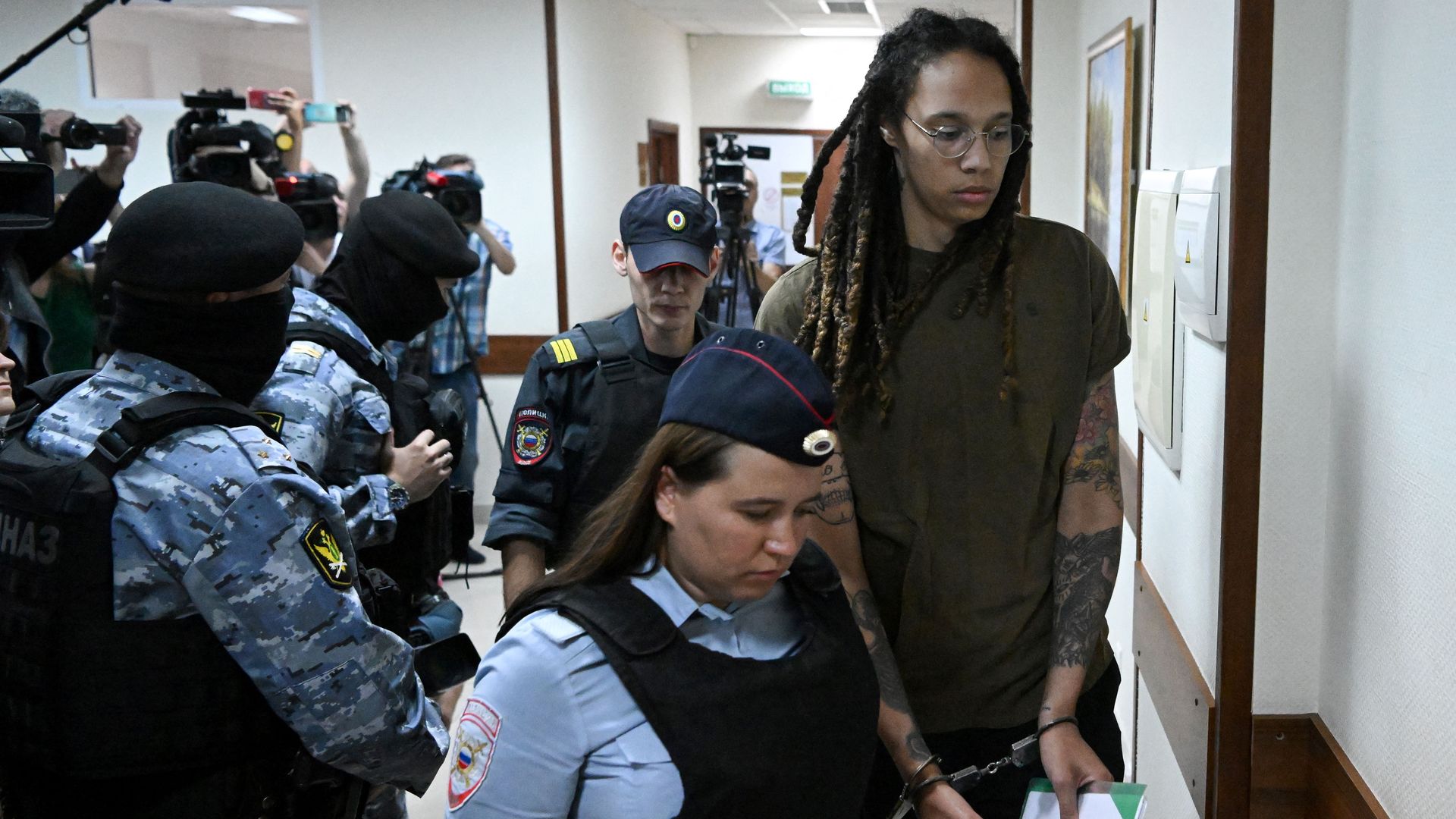 Brittney Griner is escorted into a court hearing outside Moscow on Aug. 2, 2022.