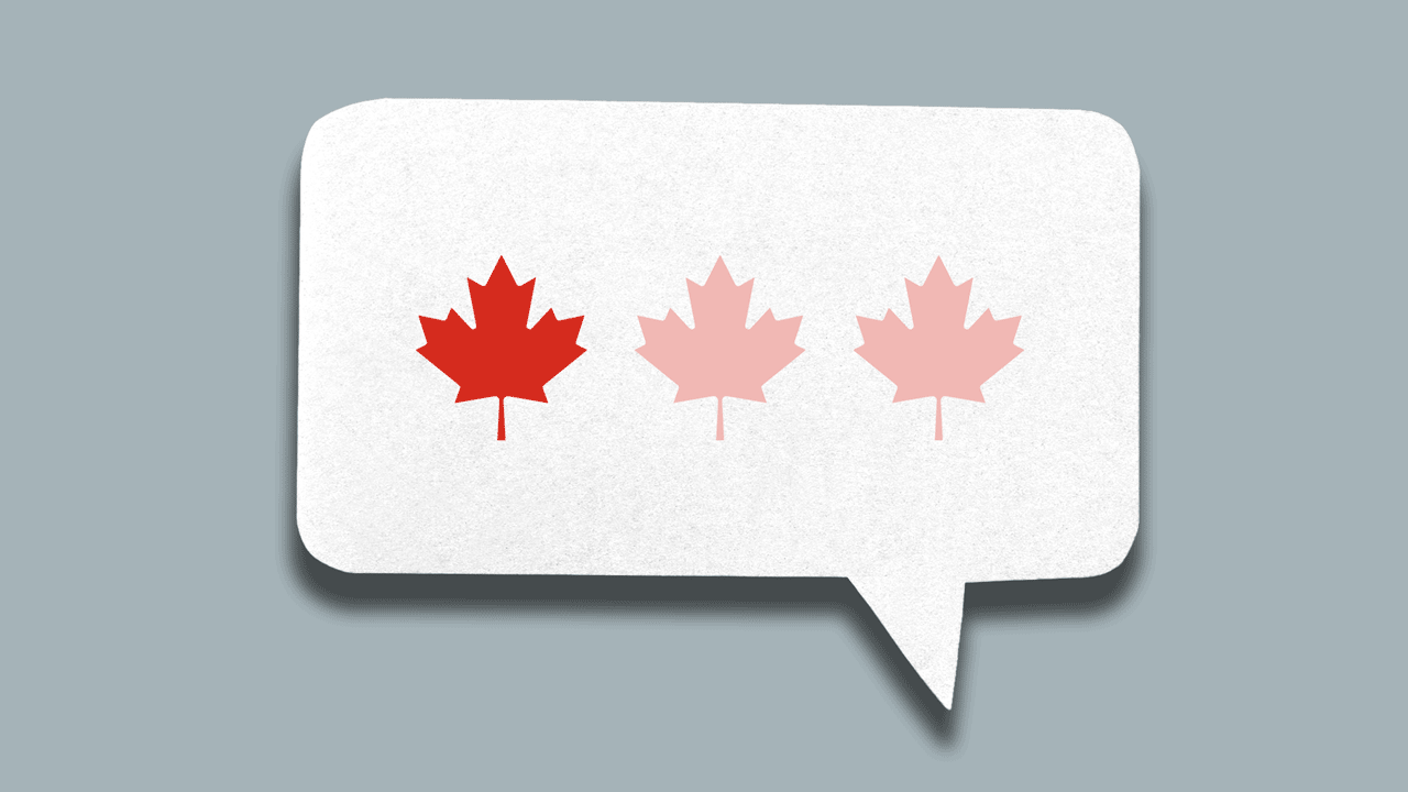 Animated illustration of a speech bubble with animated typing ellipses shaped like Canadian maple leaves