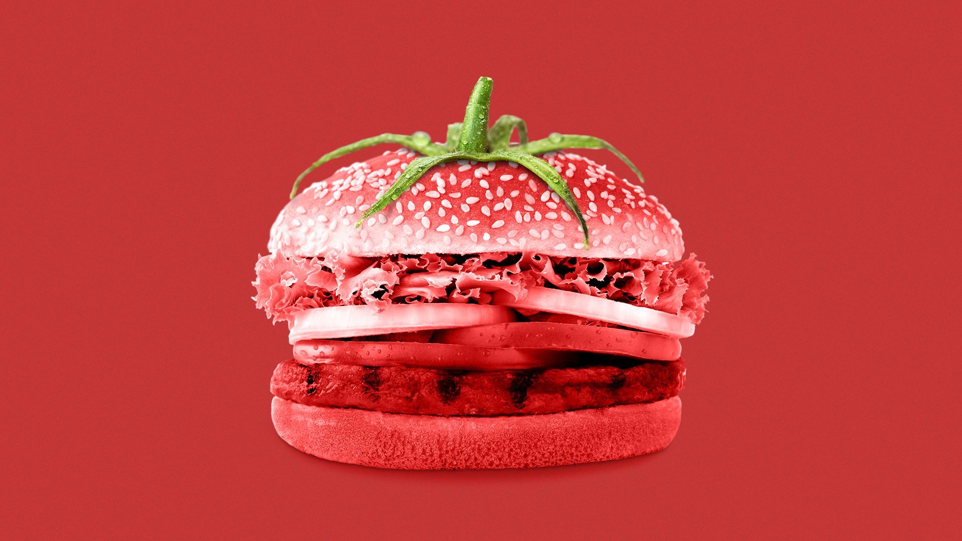 Illustration of a red burger with a green stem, resembling a tomato.