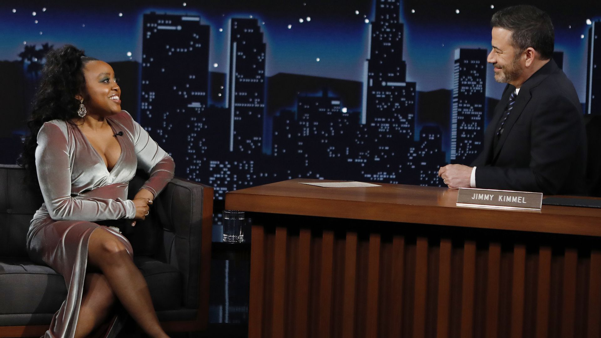 A photo of Quinta Brunson, star and creator of "Abbott Elementary," appearing on "Jimmy Kimmel Live!"