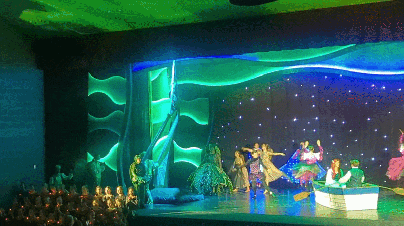 Dancers and aerialists performing onstage in a stage production of The Little Mermaid