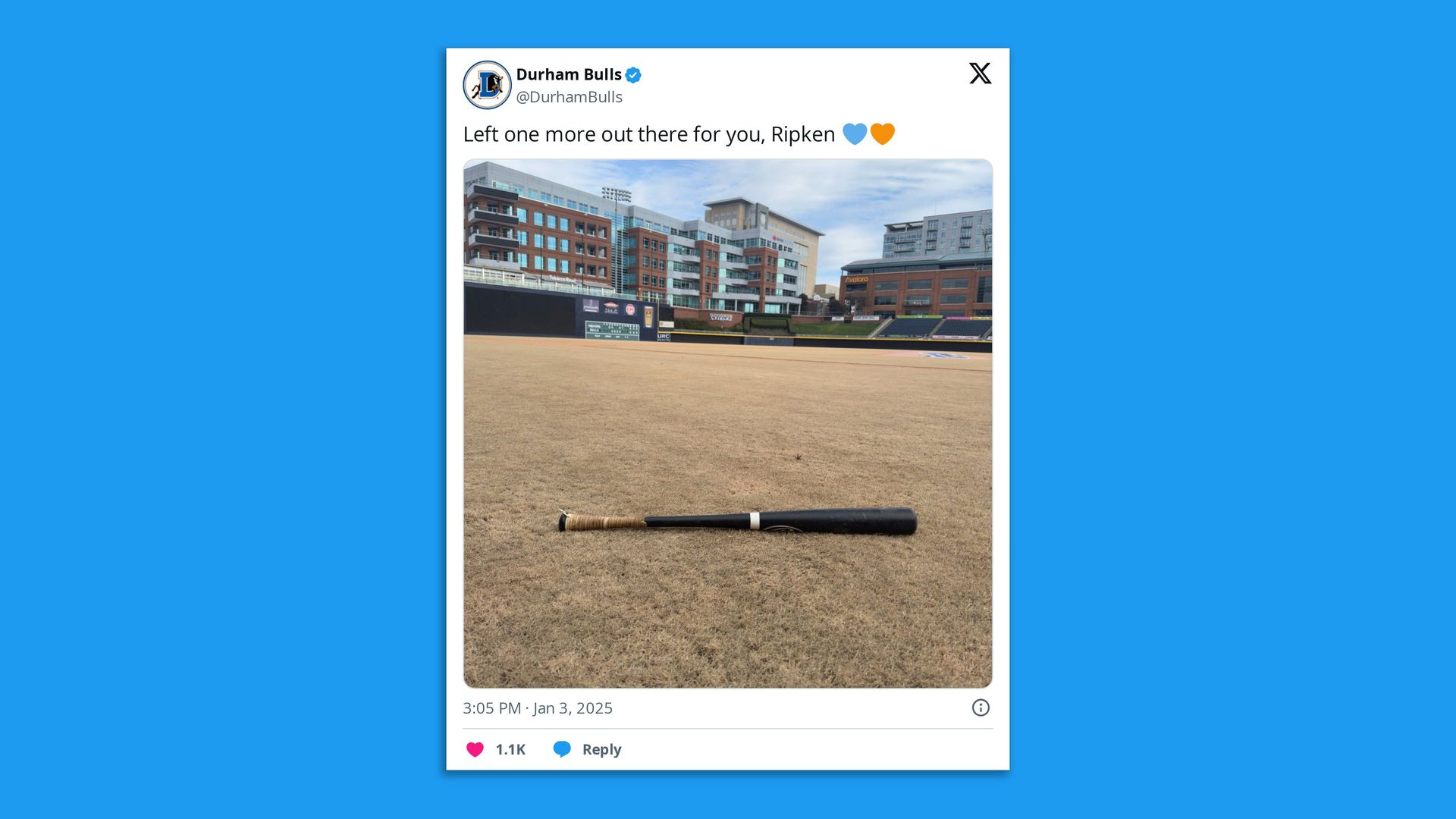a screenshot of a tweet from the Durham Bulls that says "Left one more out there for you, Ripken," with a photo of a bat on the field.