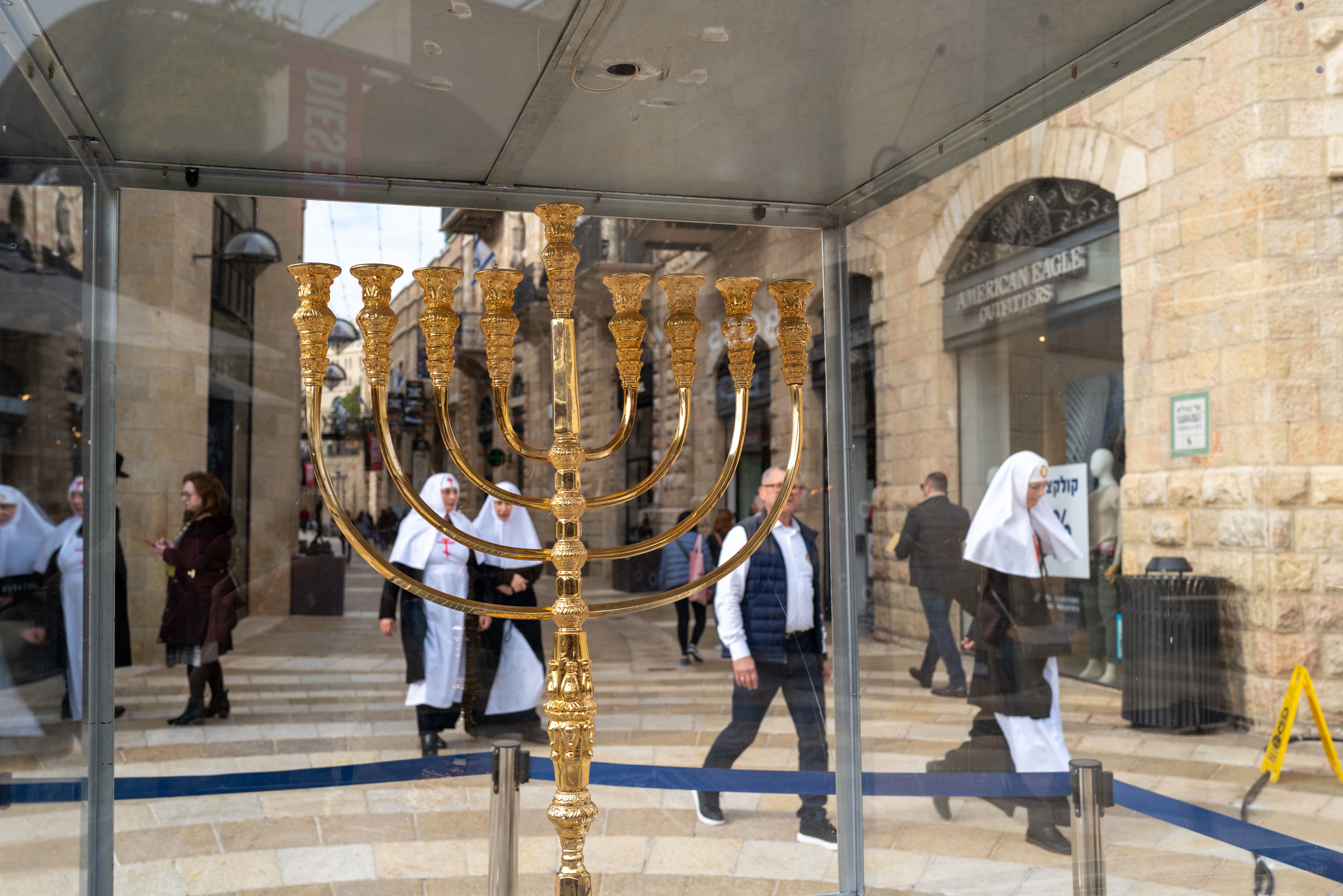 A menorah is set up in central Jerusalem as Israelis prepare for the start of Hanukkah in Jerusalem.