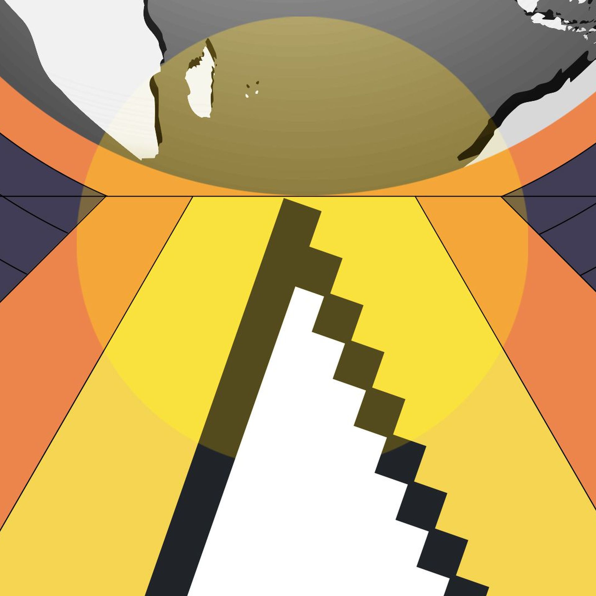 Illustration of a large cursor arrow pointing upwards towards an image of the Earth, and surrounded by graphic shapes and lines