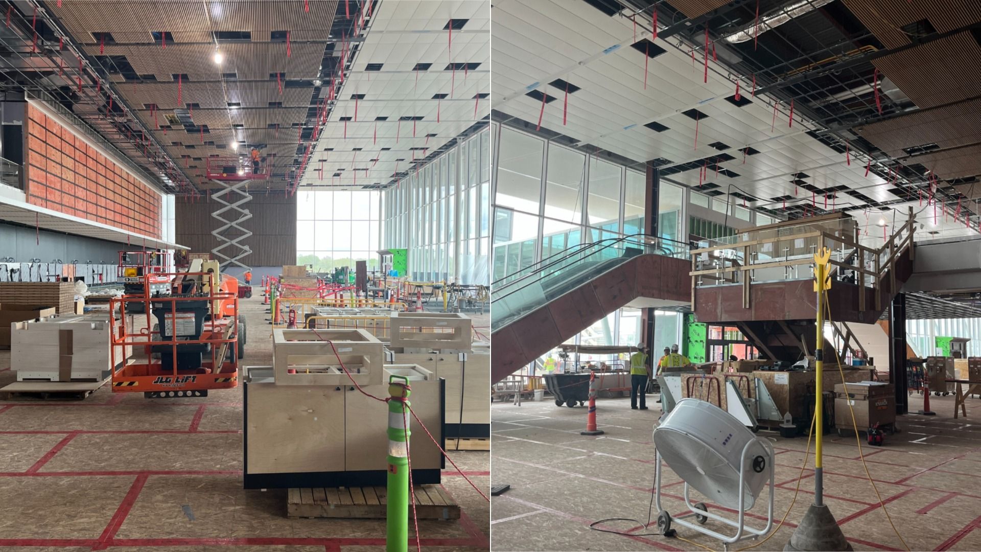 Two-panel view of a large indoor construction site: exposed ceilings with red safety ribbons, scaffolding and lifts, stacks of materials, and workers near glass walls and an escalator.