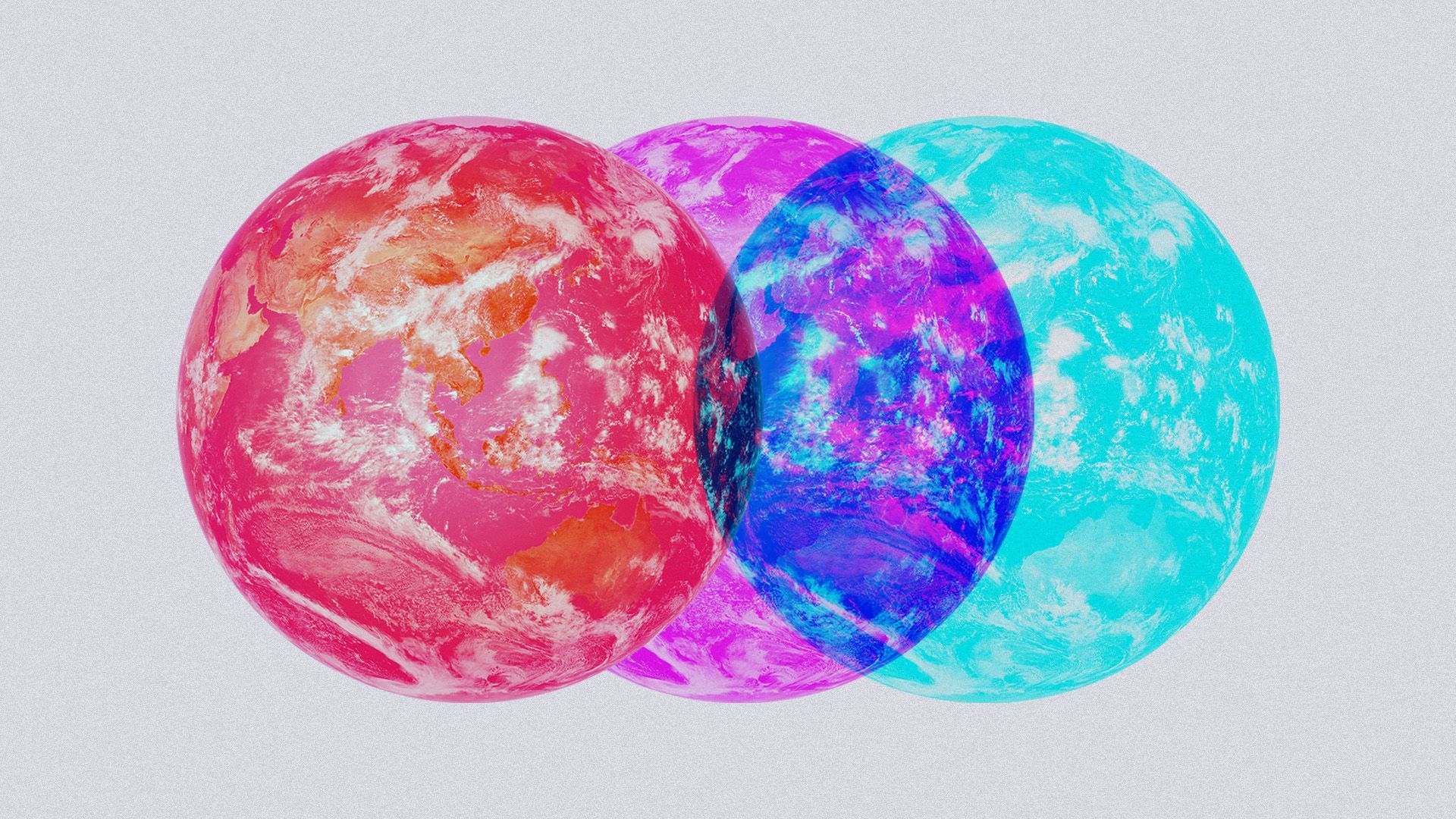 Illustration of the Earth repeated three times in different colors, creating a 3D effect