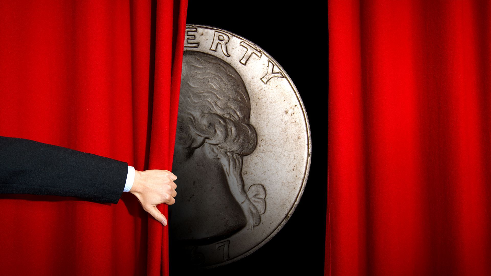 Illustration of a hand pulling back a red curtain to reveal a darkly lit U.S. quarter dollar