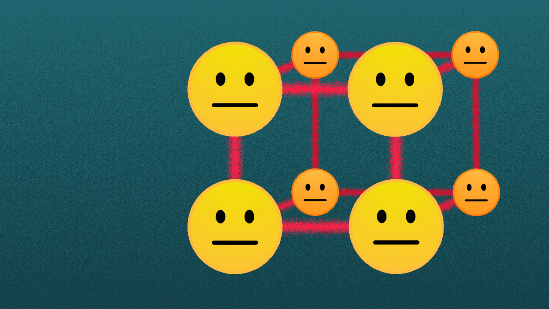 Illustration of a block made out of neutral emojis, which turn into raised-eyebrow emojis.