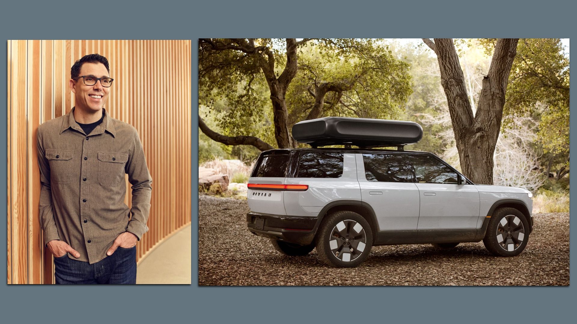 Side-by-side images: (Left) Rivian CEO RJ Scaringe, wearing glasses, a brown shirt and blue jeans, leaning against a wooden wall; (Right) shows a white Rivian R2 SUV with black roof cargo box in a wooded area.
