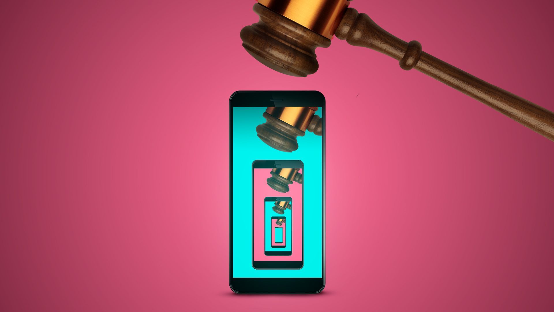 Illustration of a gavel hovering over a phone with an image on the screen of a gavel hovering over a phone, in a recursive pattern. 