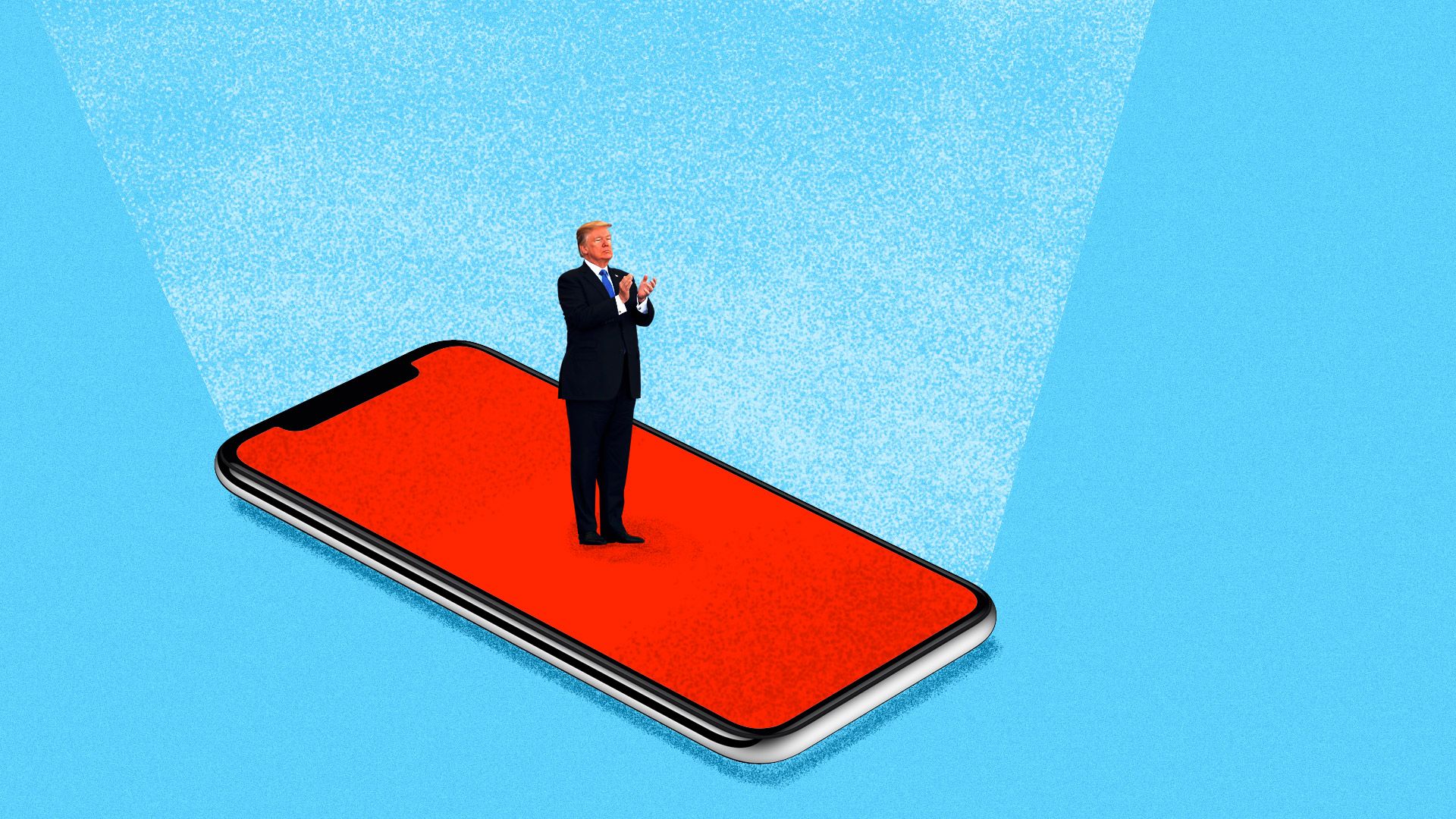 Illustration of President Trump speaking while standing on a red smartphone screen