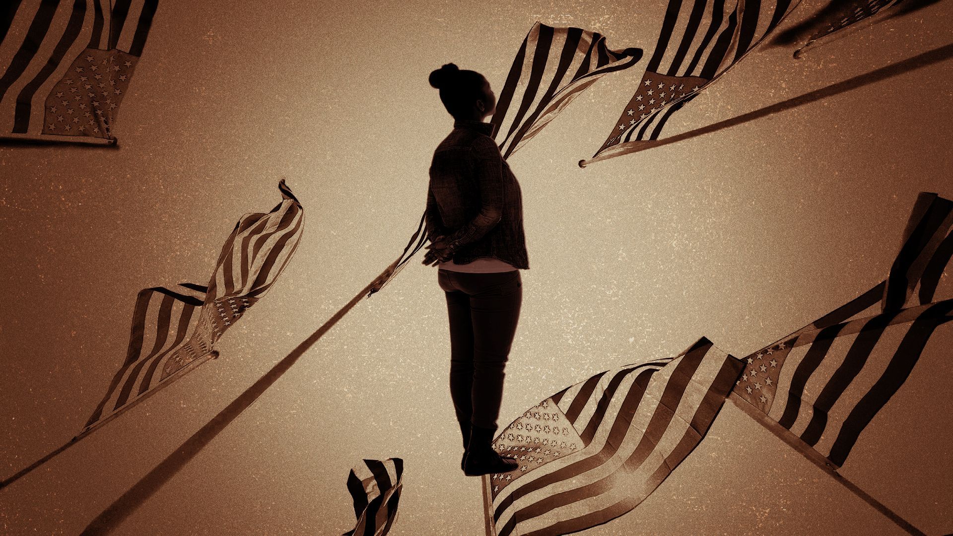 Photo illustration of a silhouetted person on a background of abstract American flags.