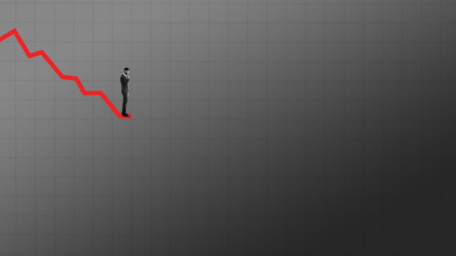 Illustration of a man standing on the edge of a downward stock arrow