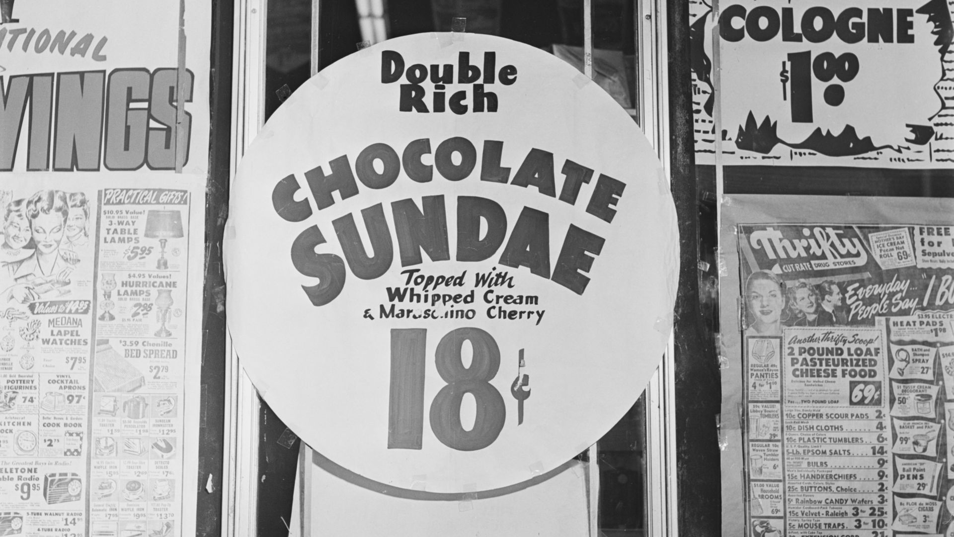 A Thrifty Drug Store window ad for ice cream from the 1950s.