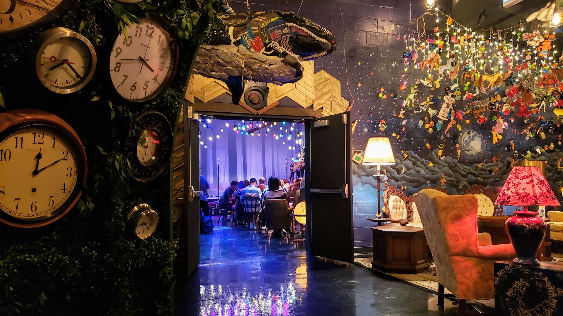 Decorated room with theater in back. 