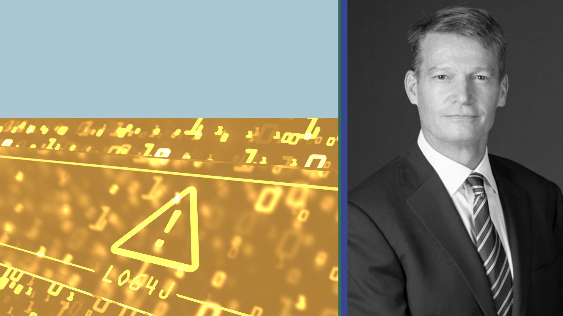 Photo illustration of Kevin Mandia next to blocks of color and binary code with an emergency symbol.