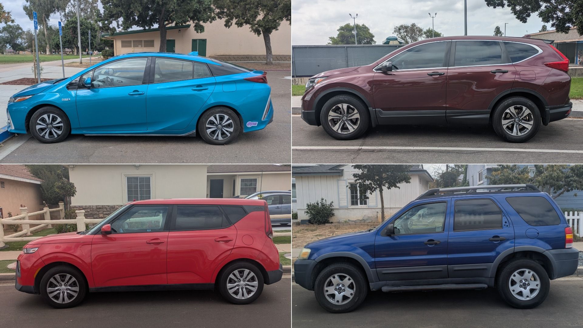 Collage of four parked vehicles: top-left bright blue compact sedan, top-right maroon mid-size SUV, bottom-left red SUV, bottom-right blue SUV with a roof rack.