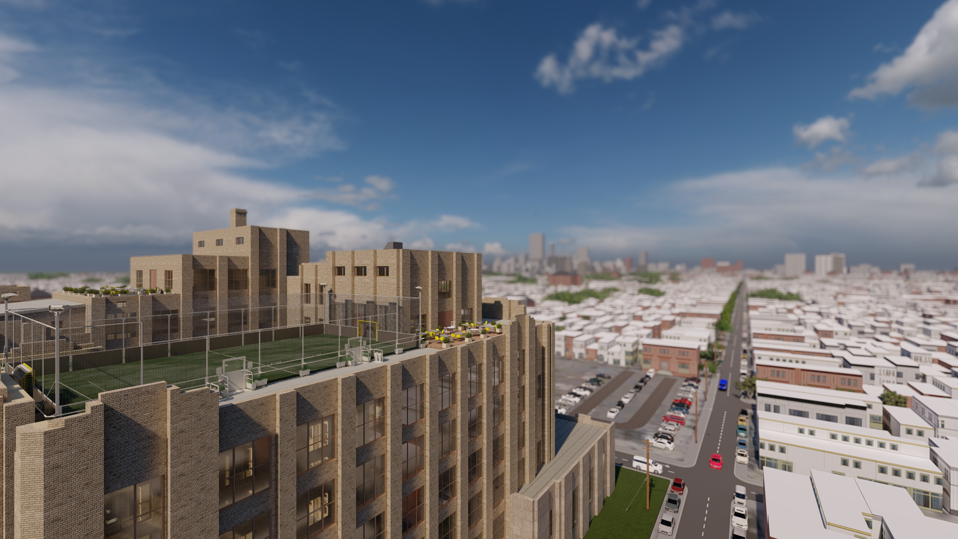 Rendering of a rooftop soccer pitch at Philly's Bok building.