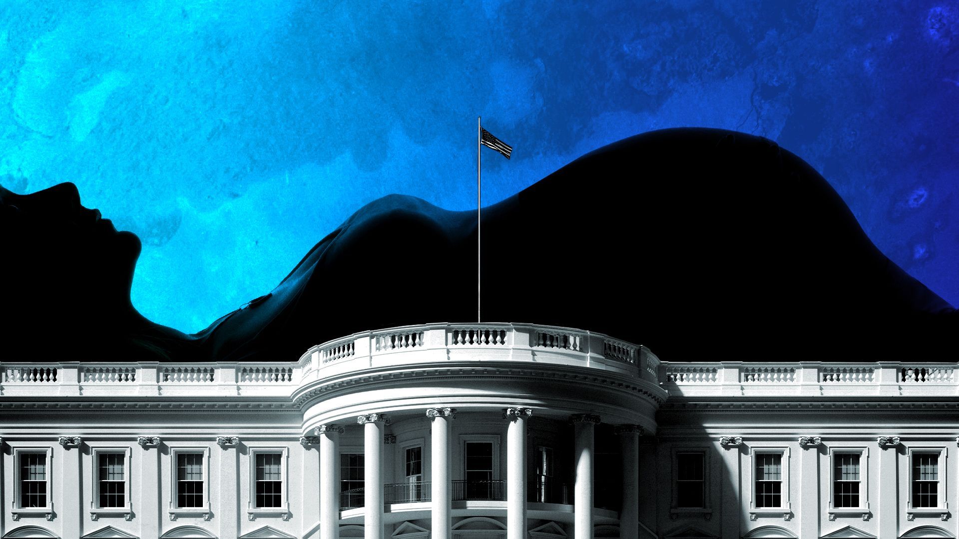 Illustrated collage of a pregnant woman overlaid behind a cropped image of the White House in the foreground with a super tall flagpole.