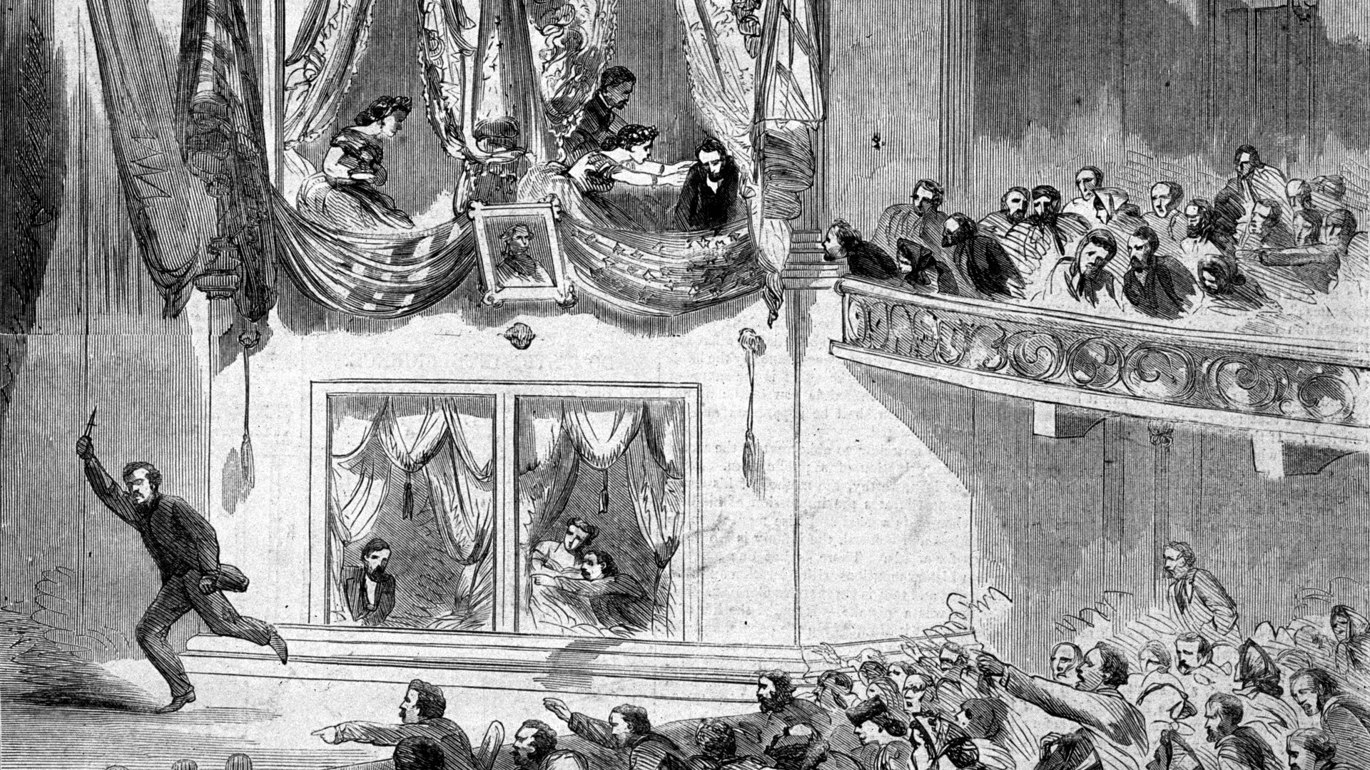 A drawing of a man running away from an audience of theater-goers