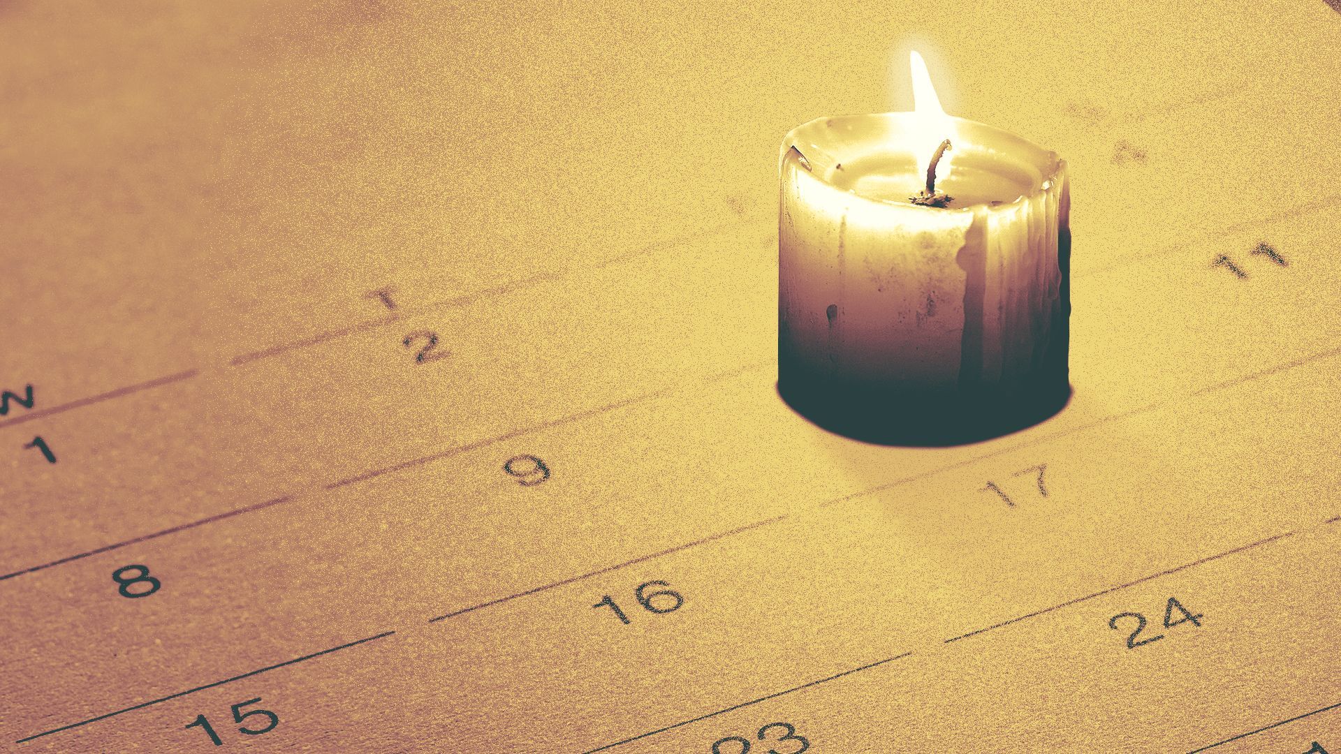 Illustration of a calendar with a lit candle on one of the days.
