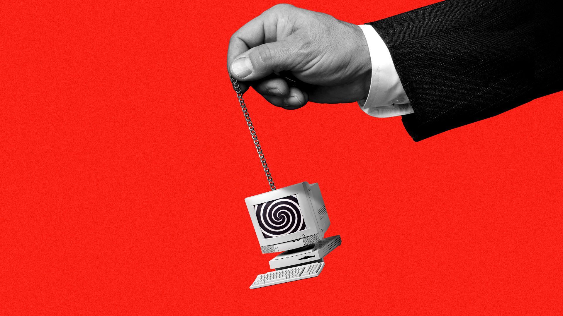 Illustration of a hand in a suit using a tiny computer on a chain to hypnotize